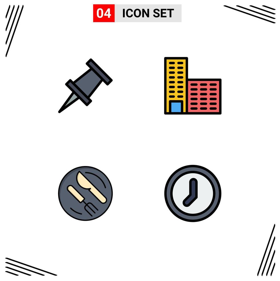 4 Universal Filledline Flat Color Signs Symbols of marker clock building dish time Editable Vector Design Elements