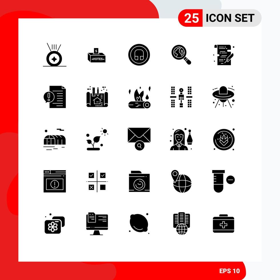 Modern Set of 25 Solid Glyphs Pictograph of write study headphone school lost Editable Vector Design Elements