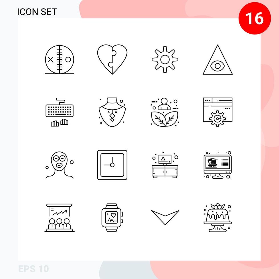 Editable Vector Line Pack of 16 Simple Outlines of typing interface gear keyboard god Editable Vector Design Elements