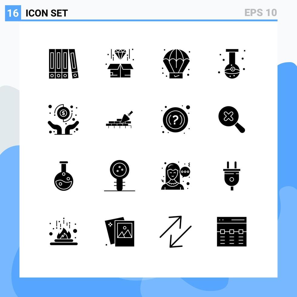 Group of 16 Solid Glyphs Signs and Symbols for pay dollar process flask chemical Editable Vector Design Elements