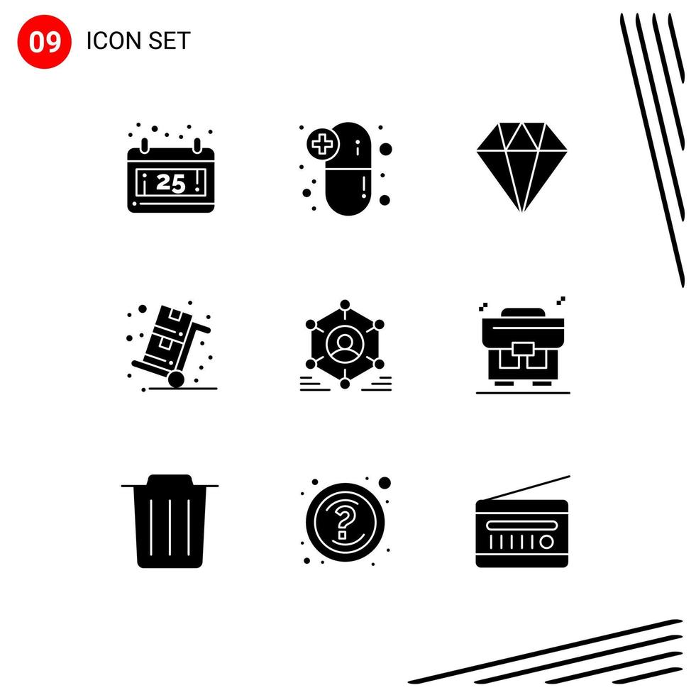 9 User Interface Solid Glyph Pack of modern Signs and Symbols of group network diamond trolley sales Editable Vector Design Elements