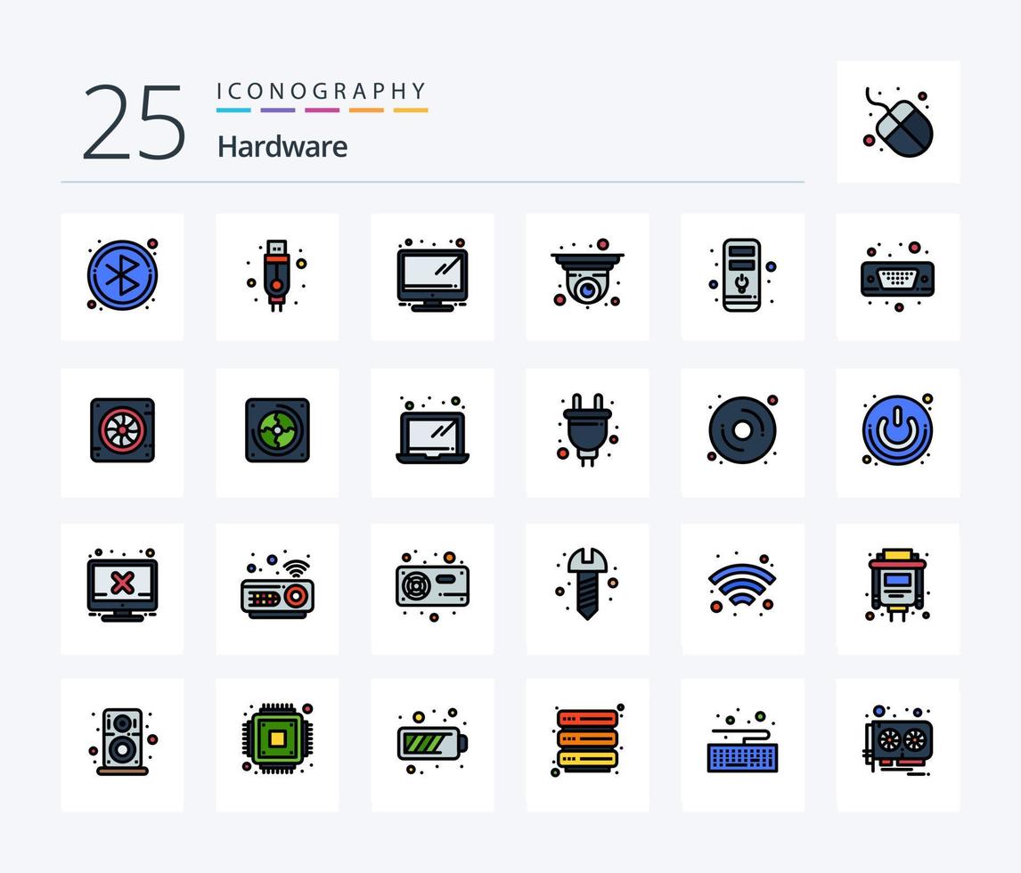 Hardware 25 Line Filled icon pack including input. hardware. tv. cpu. security camera vector