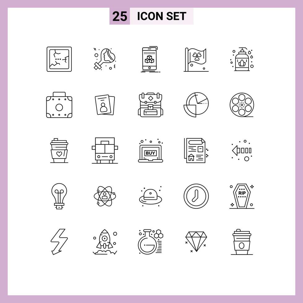 Pack of 25 Modern Lines Signs and Symbols for Web Print Media such as briefcase liquid soap cube liquid sign Editable Vector Design Elements
