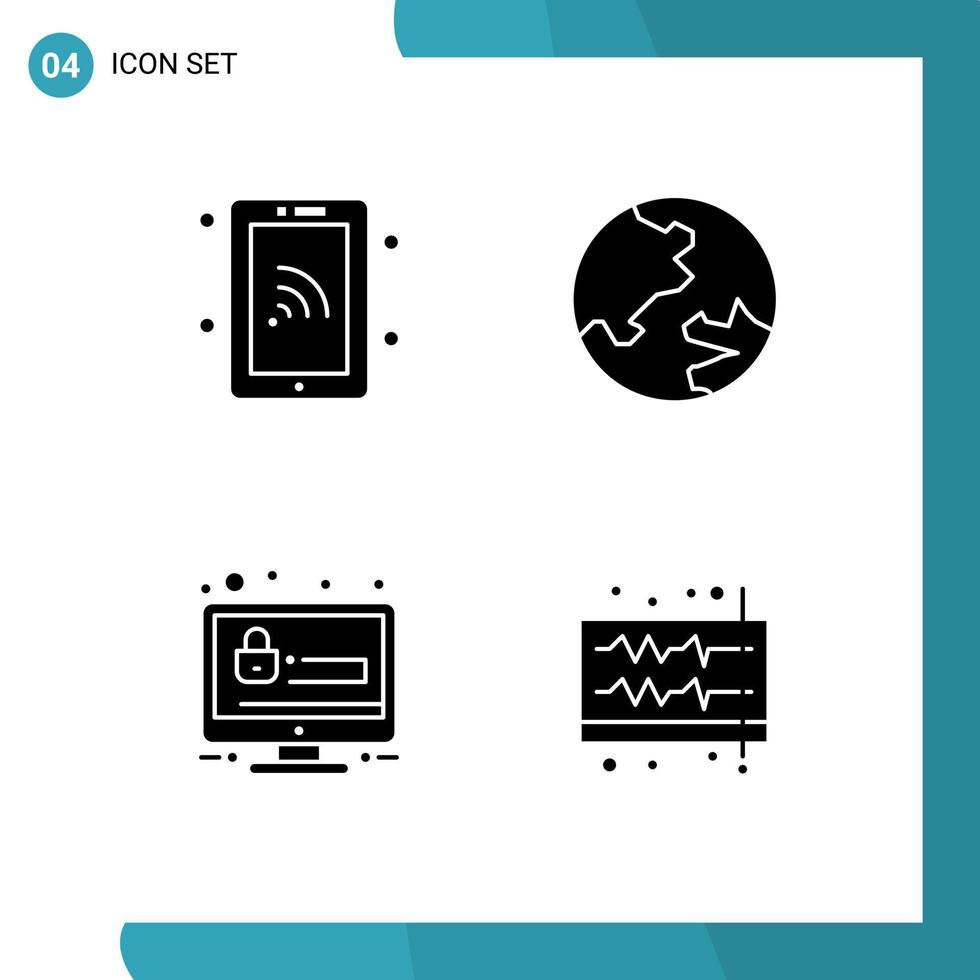 Set of 4 Commercial Solid Glyphs pack for network account wifi geography audio Editable Vector Design Elements