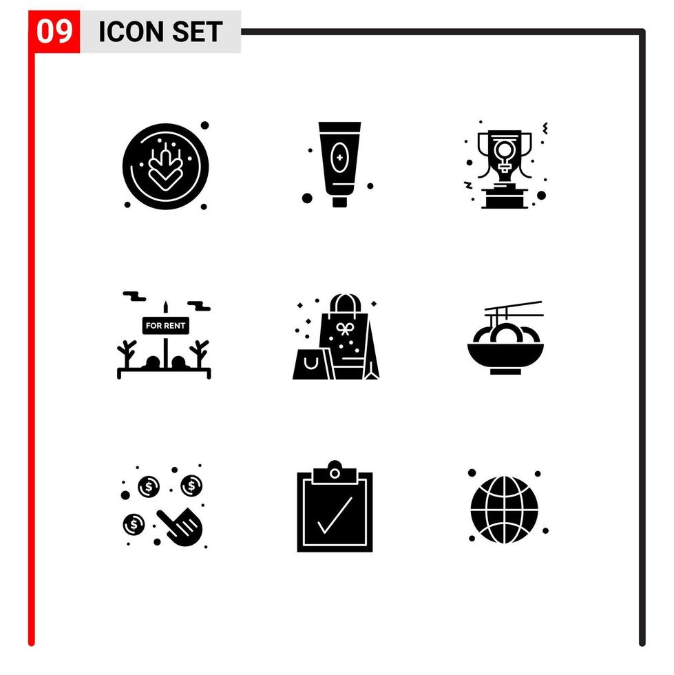 Solid Glyph Pack of 9 Universal Symbols of present bag award for rent sign Editable Vector Design Elements