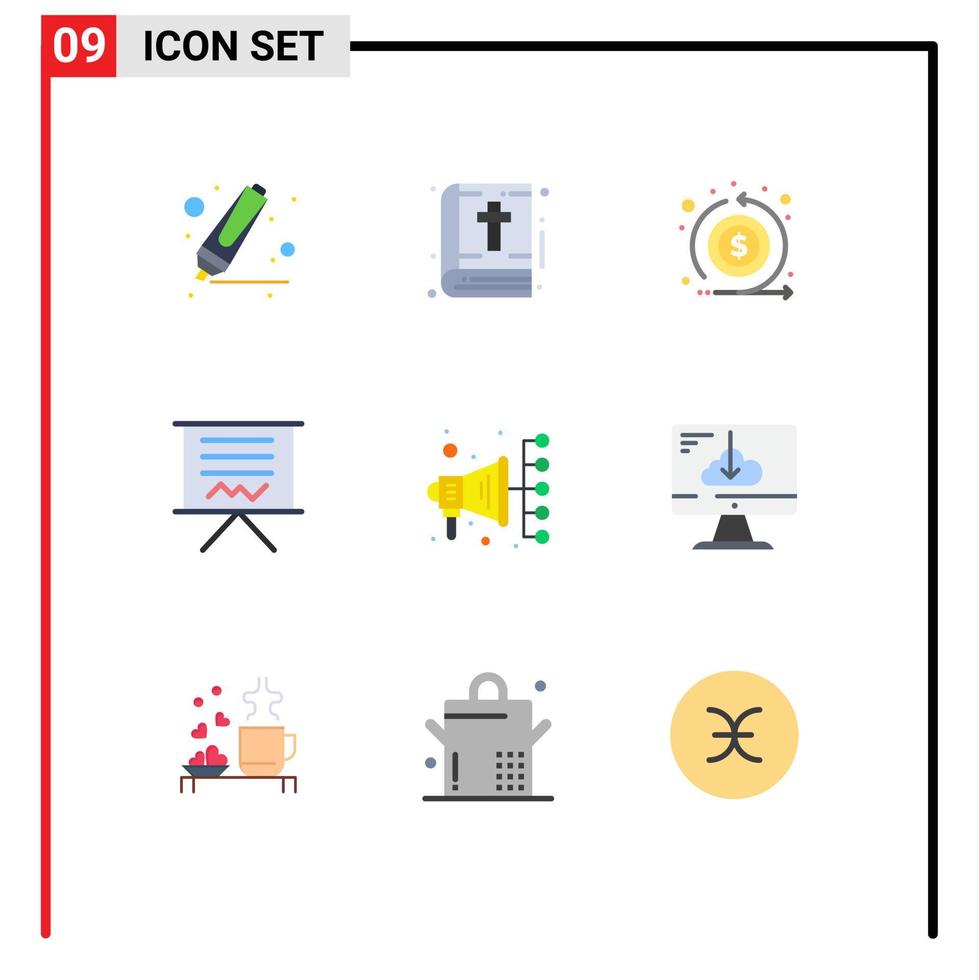 Pictogram Set of 9 Simple Flat Colors of digital presentation flow education board Editable Vector Design Elements