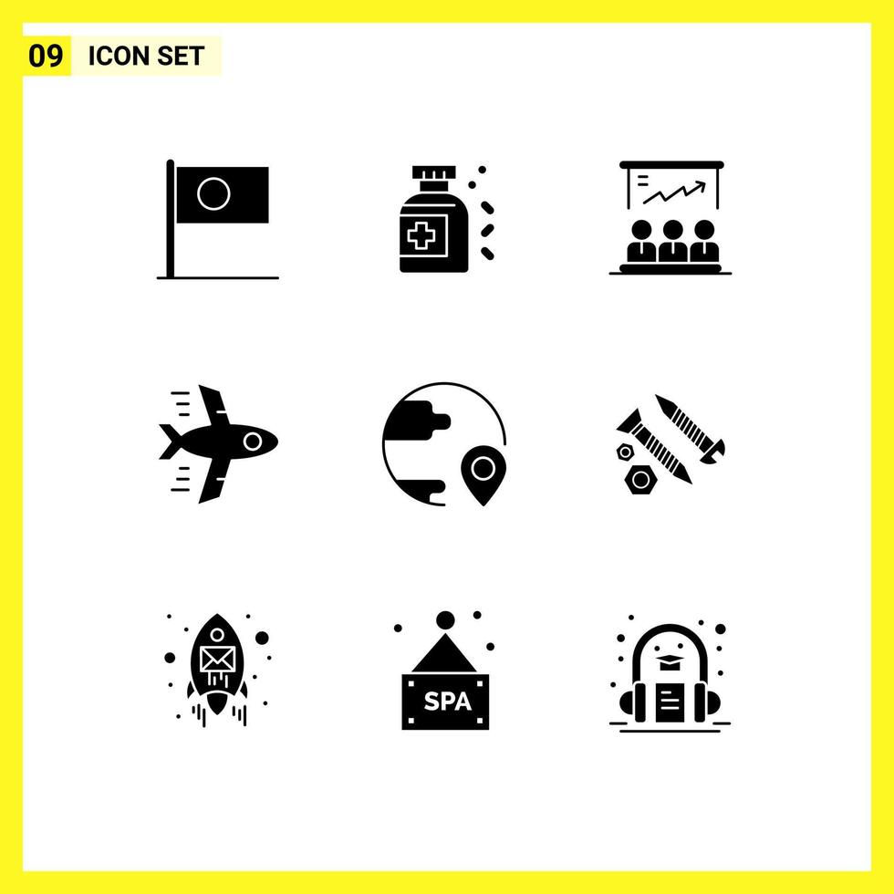 Pack of 9 Modern Solid Glyphs Signs and Symbols for Web Print Media such as destination plane presentation flying marketing Editable Vector Design Elements