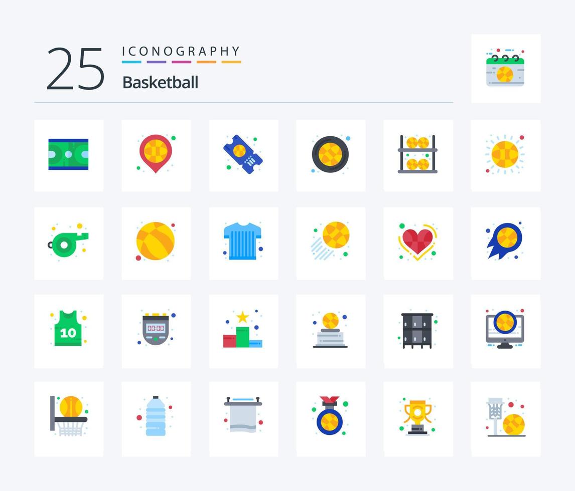 Basketball 25 Flat Color icon pack including ball. sport. place. basketball. ticket vector