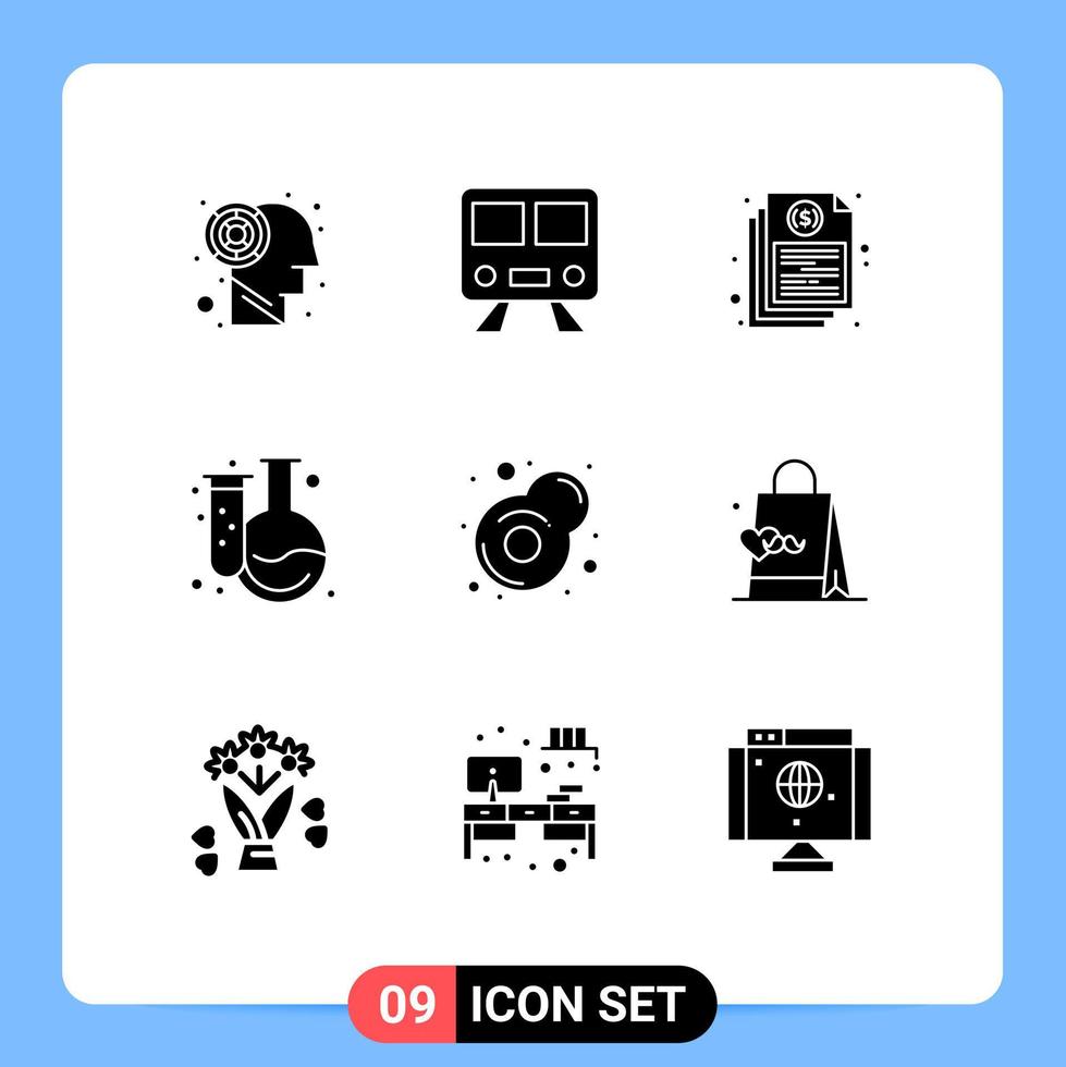 Editable Vector Line Pack of 9 Simple Solid Glyphs of egg flask document education back to school Editable Vector Design Elements