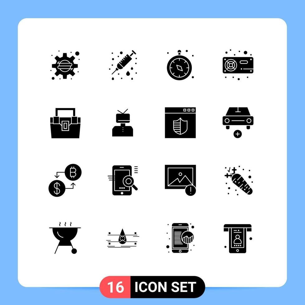 Set of 16 Modern UI Icons Symbols Signs for bag radiator compass hardware computer Editable Vector Design Elements