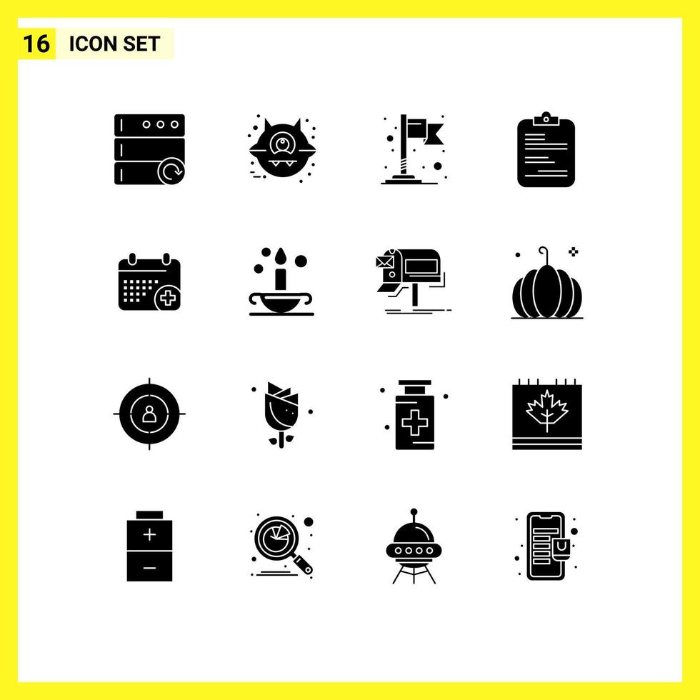 Group of 16 Solid Glyphs Signs and Symbols for day calender map medical checklist Editable Vector Design Elements