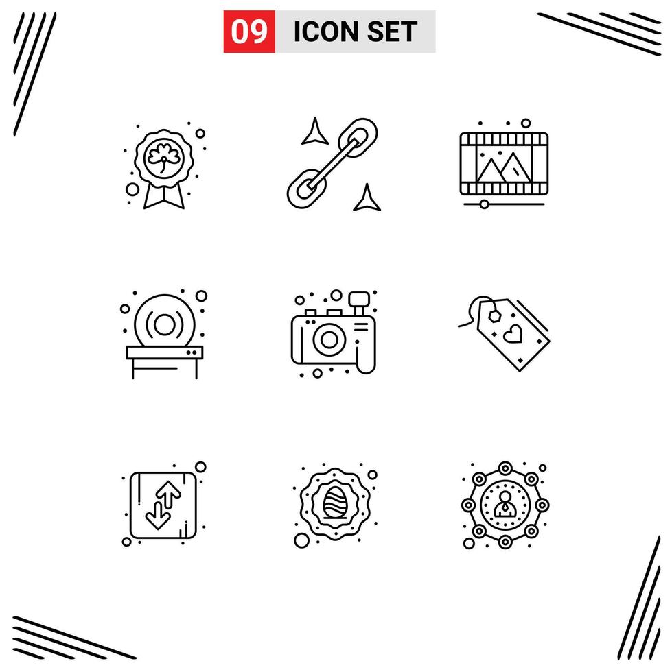 Set of 9 Vector Outlines on Grid for photography camera play hardware disk Editable Vector Design Elements