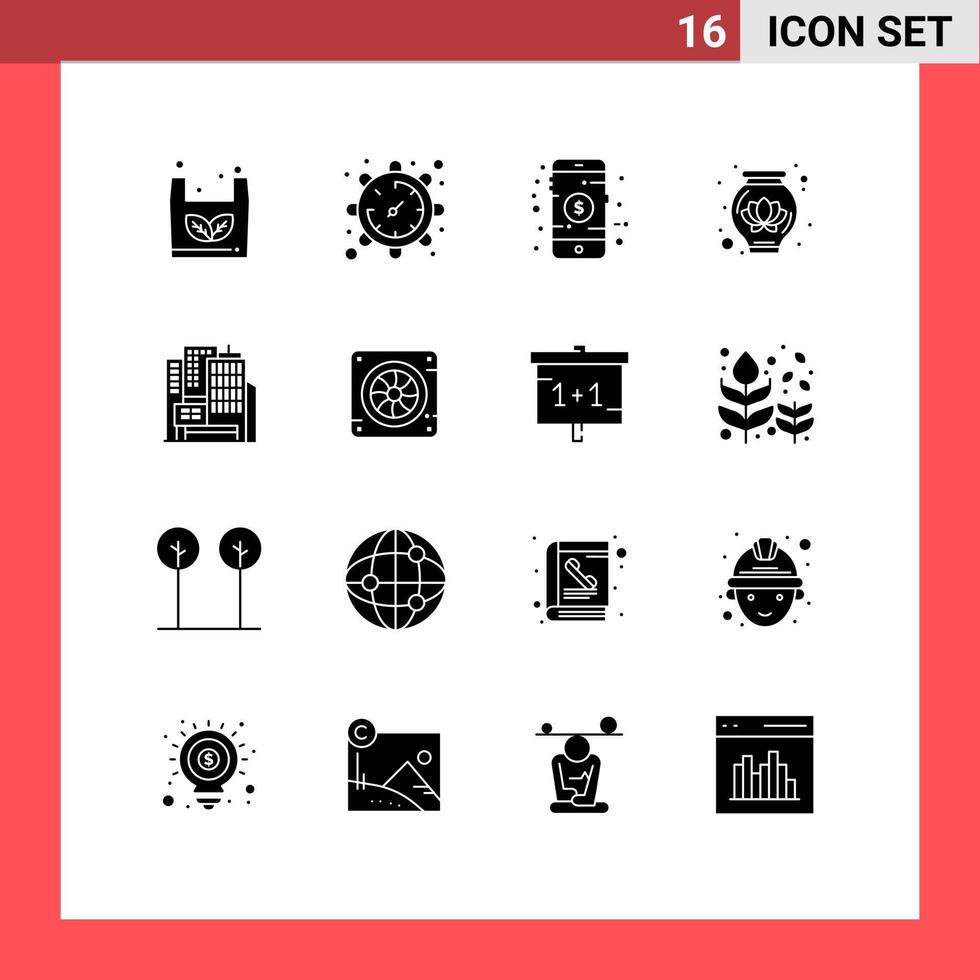 Group of 16 Modern Solid Glyphs Set for construction architecture mobile decoration pot Editable Vector Design Elements