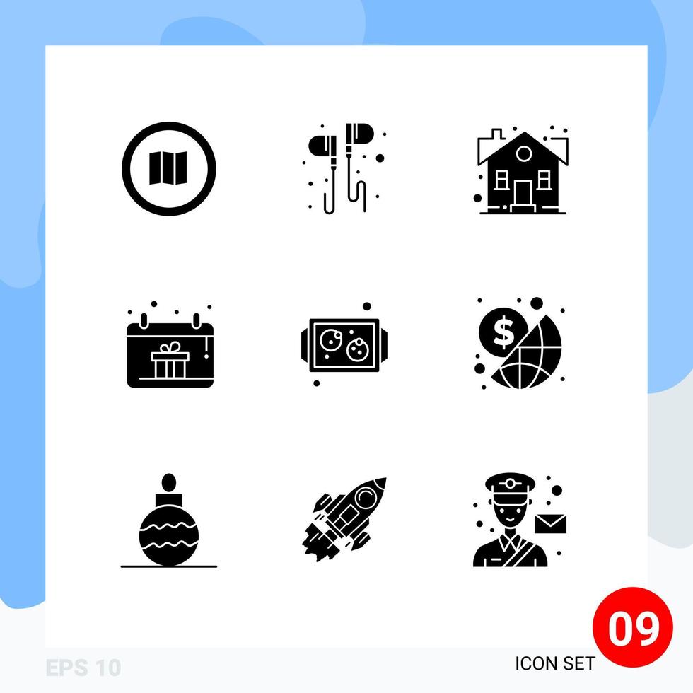 Mobile Interface Solid Glyph Set of 9 Pictograms of hand calendar music property house Editable Vector Design Elements
