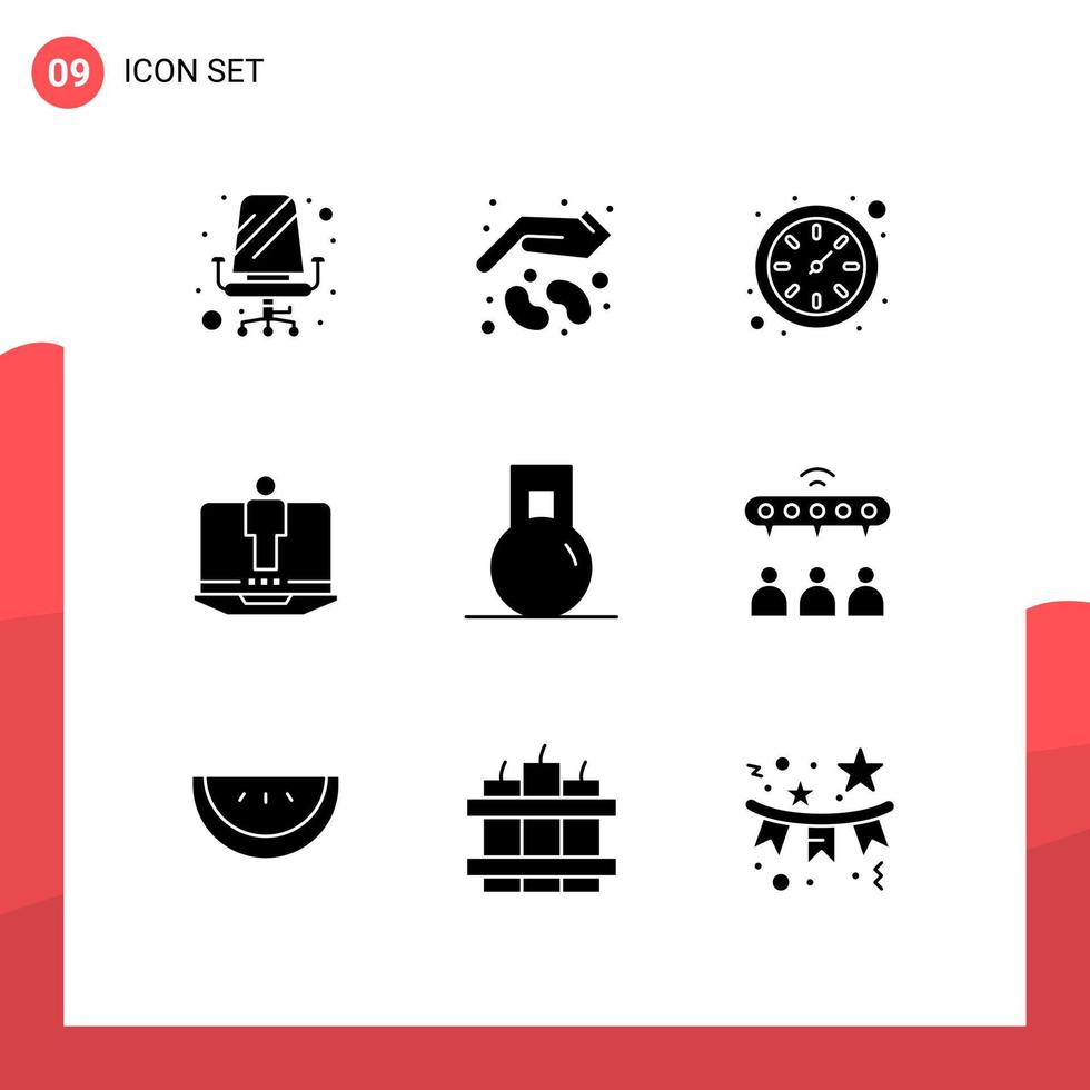 Editable Vector Line Pack of 9 Simple Solid Glyphs of gym service growth hardware laptop Editable Vector Design Elements