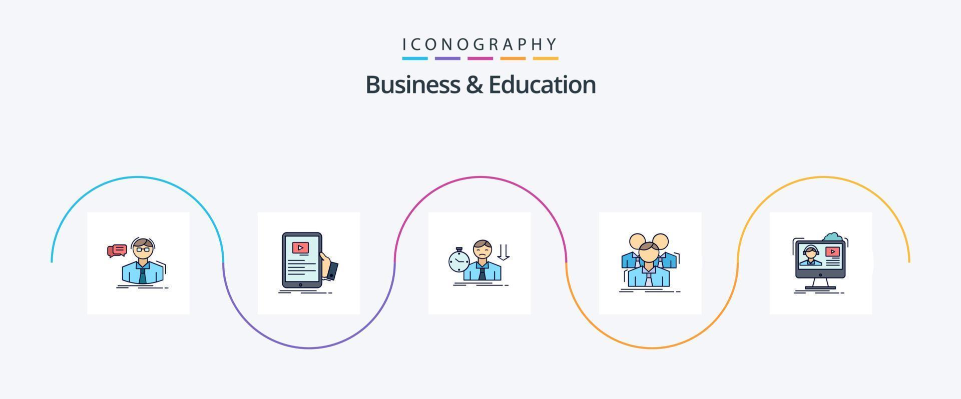 la línea de negocios y educación llenó el paquete de iconos planos 5 que incluye negocios. equipo. seminario. tiempo. triste vector