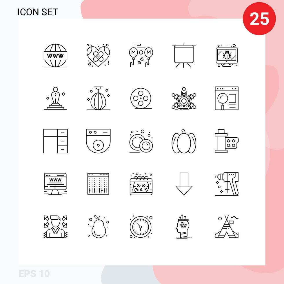Universal Icon Symbols Group of 25 Modern Lines of bug deck heart board love Editable Vector Design Elements