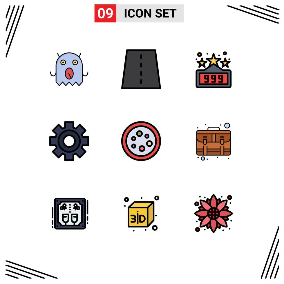 Pack of 9 Modern Filledline Flat Colors Signs and Symbols for Web Print Media such as equipment biology high score science gear Editable Vector Design Elements