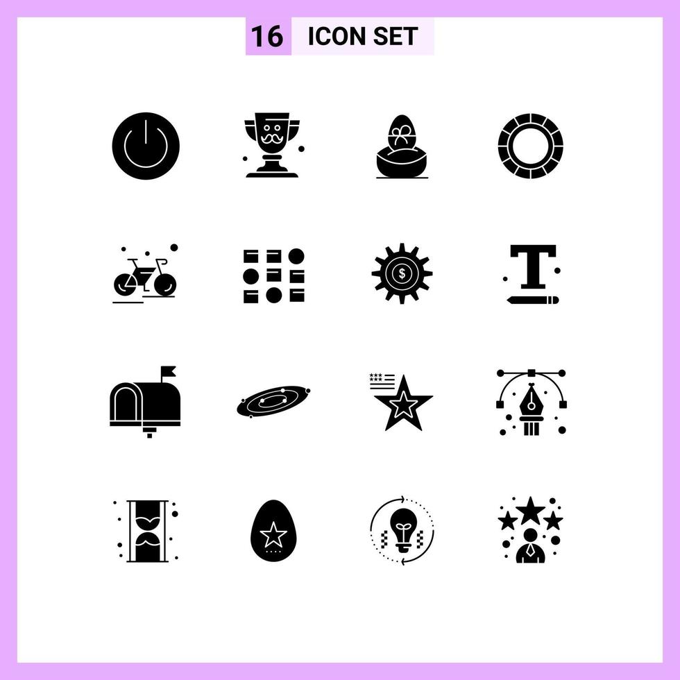 User Interface Pack of 16 Basic Solid Glyphs of bicycle creative fathers day color wheel egg Editable Vector Design Elements