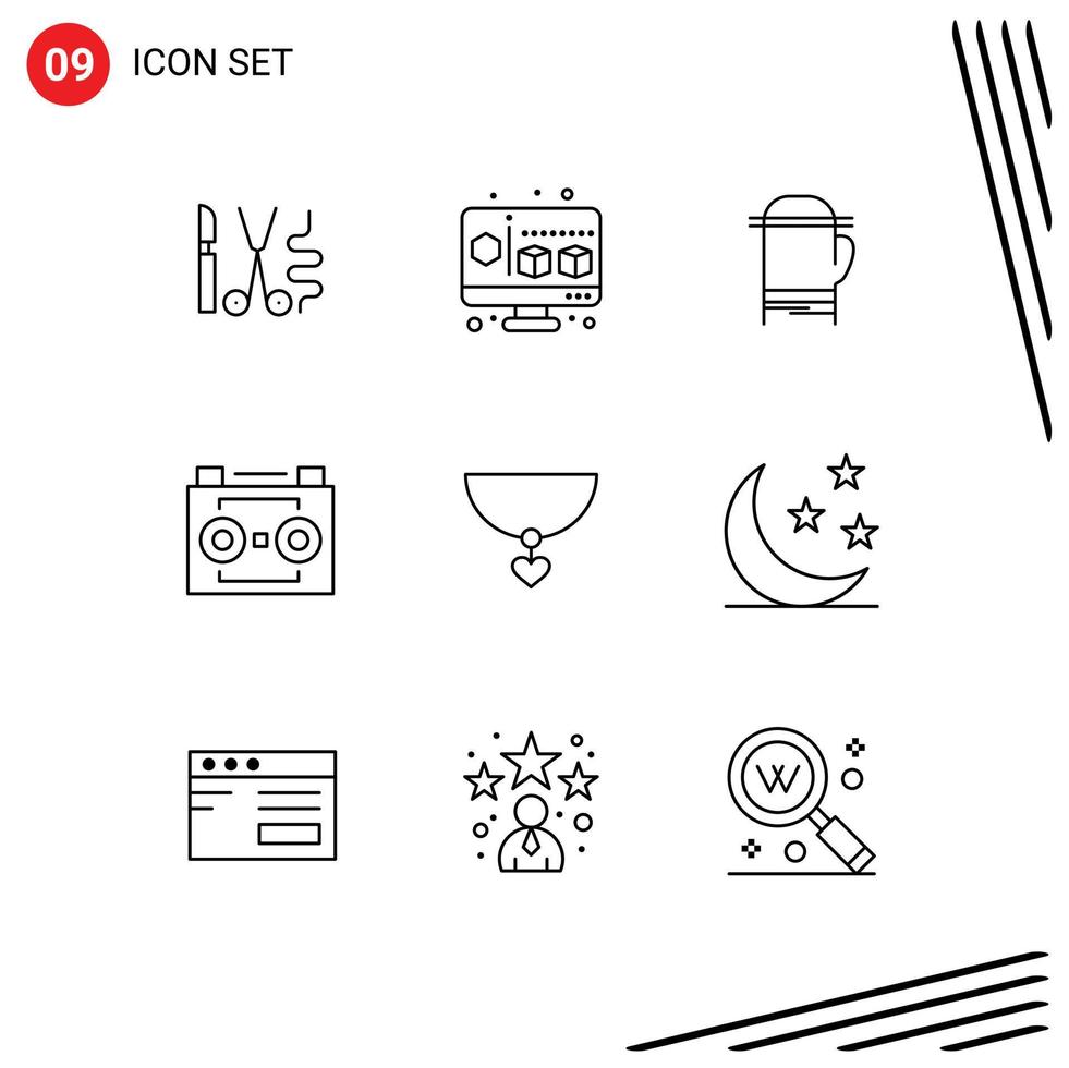 Group of 9 Modern Outlines Set for heart sound recording microwave digital recording audio tape Editable Vector Design Elements