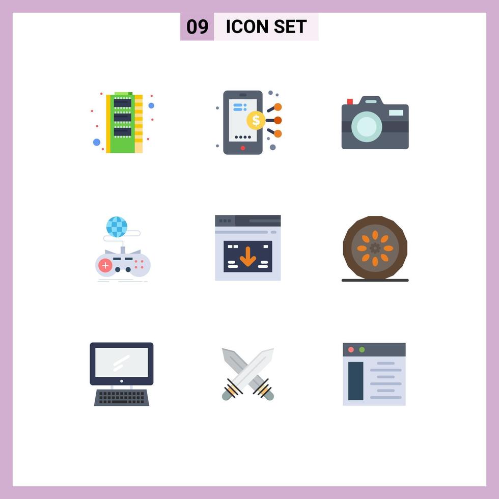 9 User Interface Flat Color Pack of modern Signs and Symbols of internet multiplayer camera internet game Editable Vector Design Elements