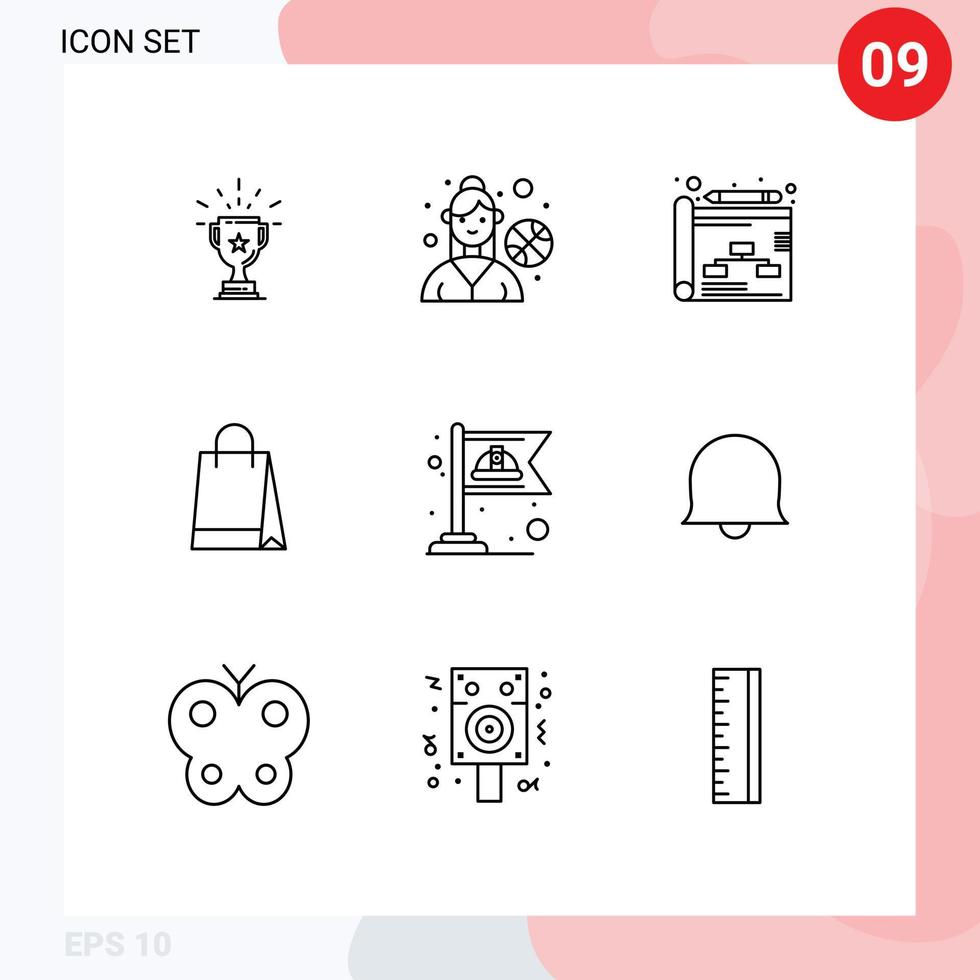 9 Universal Outlines Set for Web and Mobile Applications communist shopping female player hand bag strategy Editable Vector Design Elements