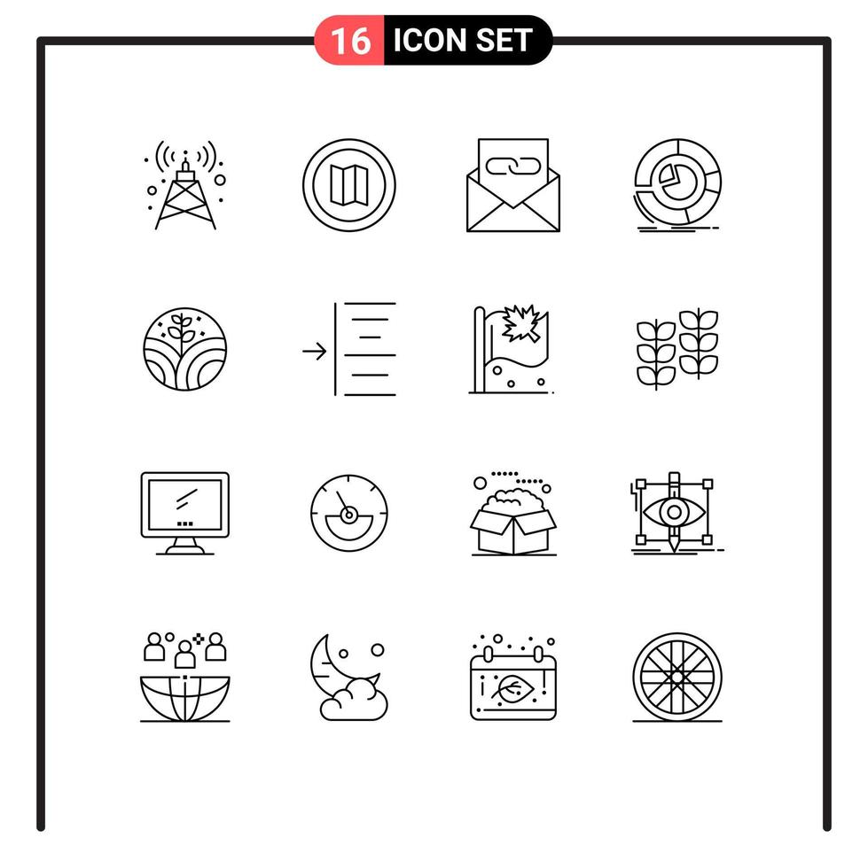 Group of 16 Outlines Signs and Symbols for plant pie chart contact us diagram analytics Editable Vector Design Elements