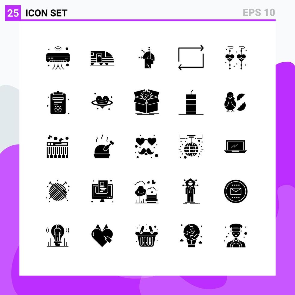 Modern Set of 25 Solid Glyphs and symbols such as dangling earrings repeat transportation play art Editable Vector Design Elements