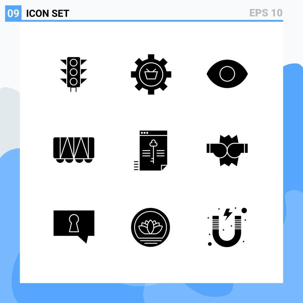 Group of 9 Modern Solid Glyphs Set for lock file gear wagon railroad Editable Vector Design Elements