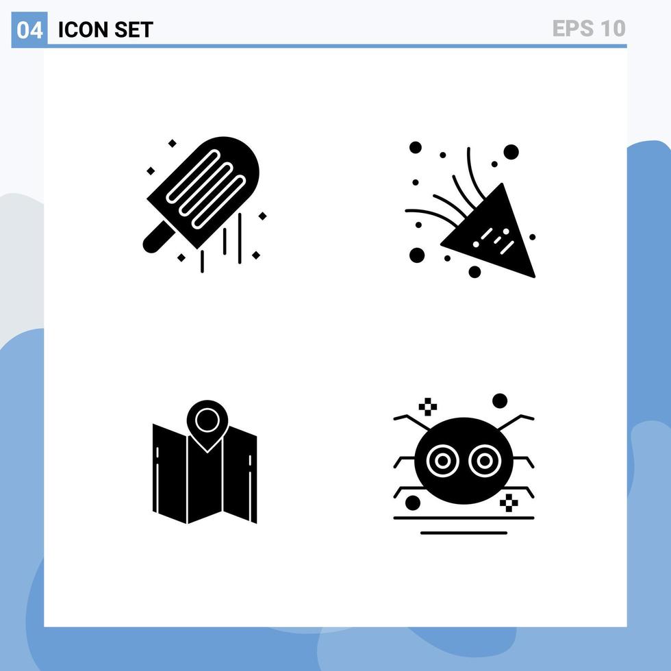 Pack of 4 Modern Solid Glyphs Signs and Symbols for Web Print Media such as beach location summer party time pointer Editable Vector Design Elements