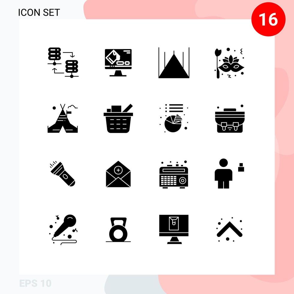 Group of 16 Modern Solid Glyphs Set for tent free face islamabad carnival mask Editable Vector Design Elements