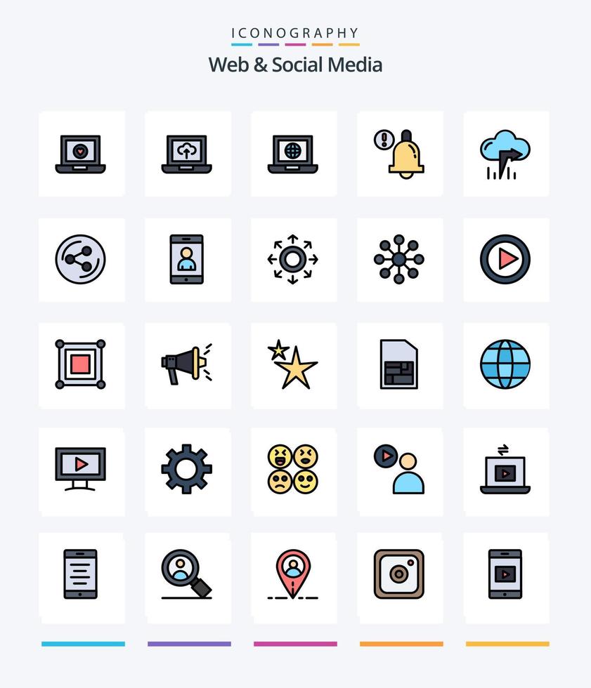 Creative Web And Social Media 25 Line FIlled icon pack  Such As share. arrow. world. cloud. alert vector