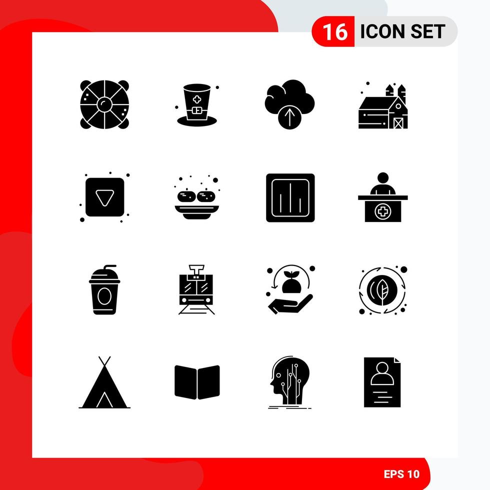 Set of 16 Vector Solid Glyphs on Grid for down play button ireland storehouse agriculture Editable Vector Design Elements