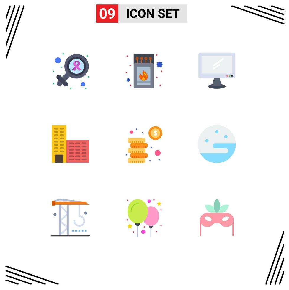 Modern Set of 9 Flat Colors Pictograph of coins construction computer building pc Editable Vector Design Elements