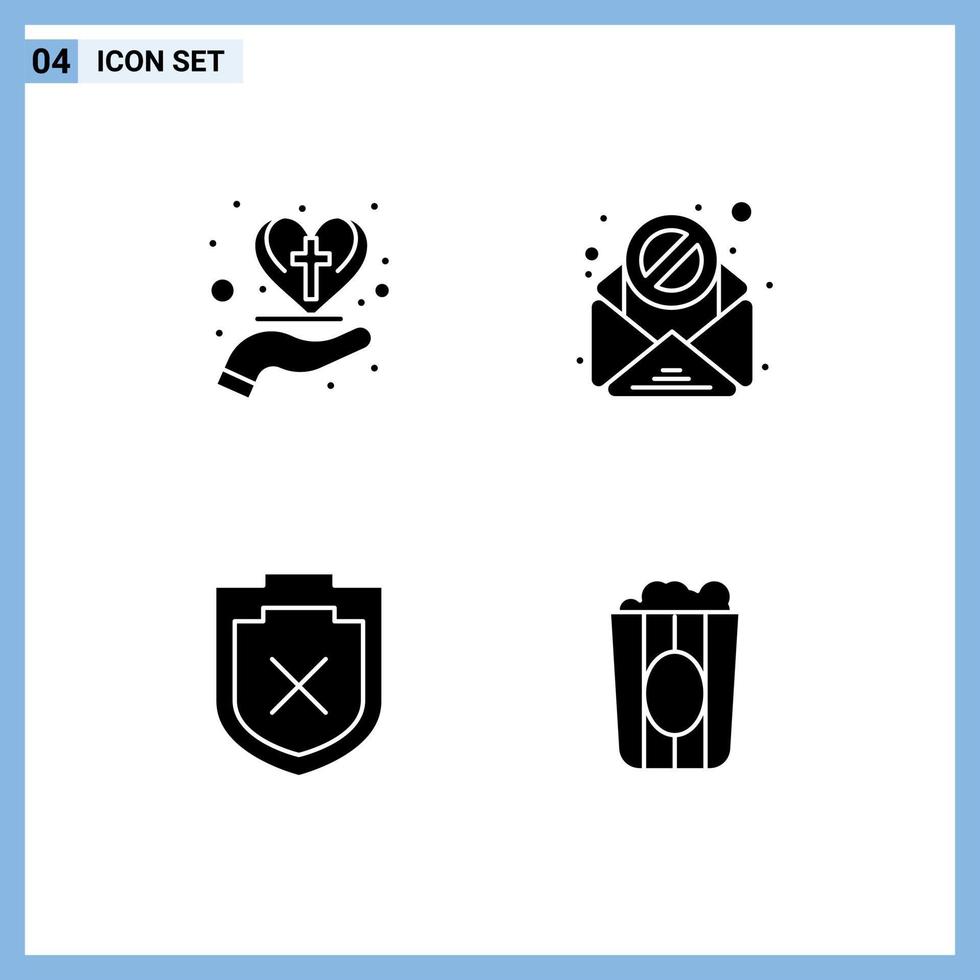 Solid Glyph Pack of 4 Universal Symbols of hand shield christian spam cinema Editable Vector Design Elements