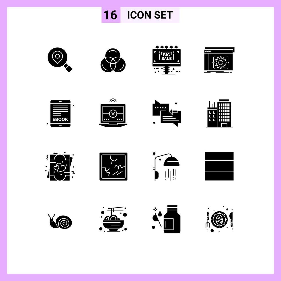 Mobile Interface Solid Glyph Set of 16 Pictograms of electronic book software info board developer app Editable Vector Design Elements