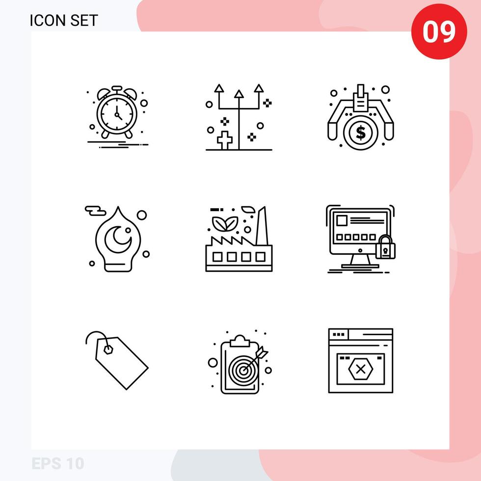 9 User Interface Outline Pack of modern Signs and Symbols of leaf muslim financial mosque islamic Editable Vector Design Elements