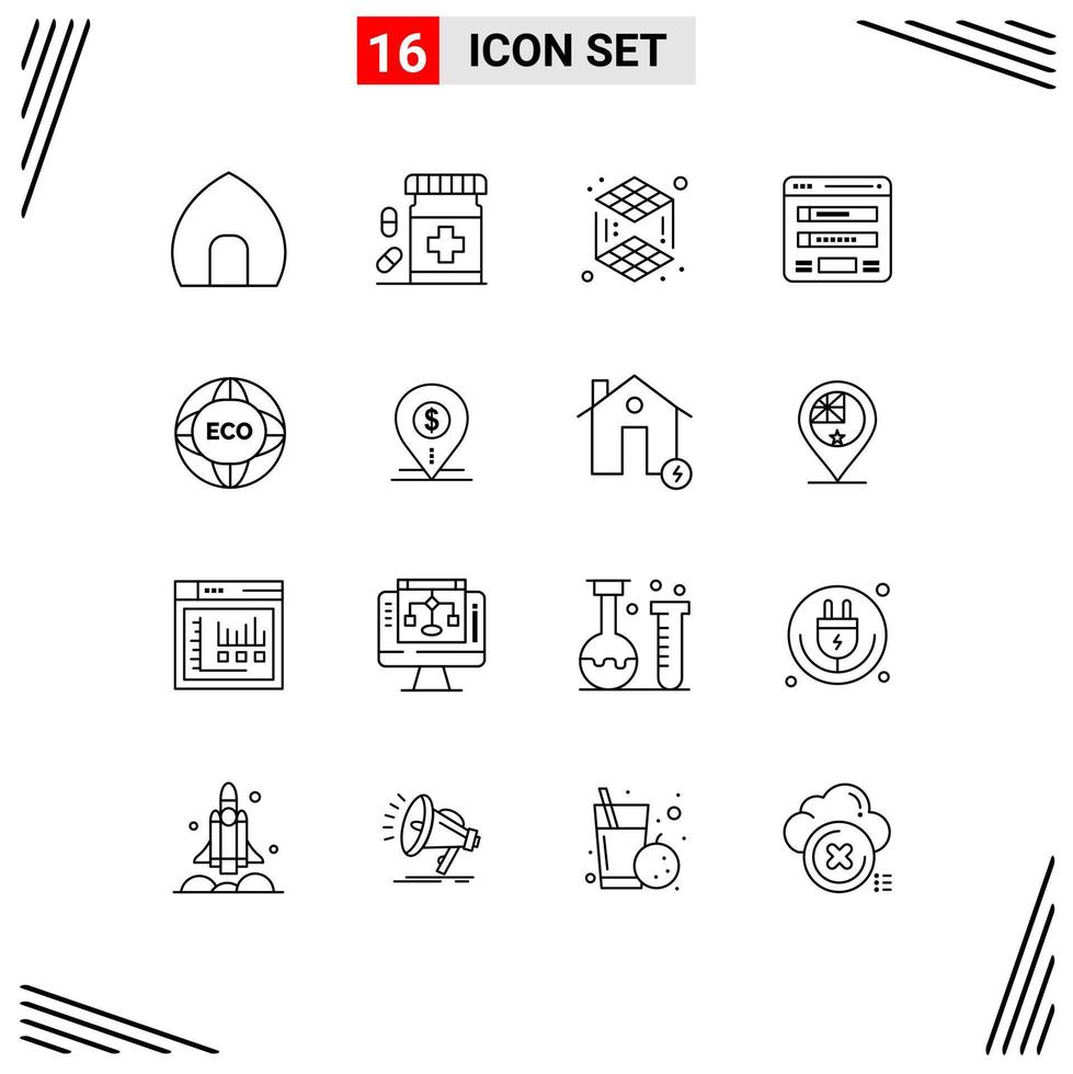 Set of 16 Modern UI Icons Symbols Signs for web login fitness form layer Editable Vector Design Elements