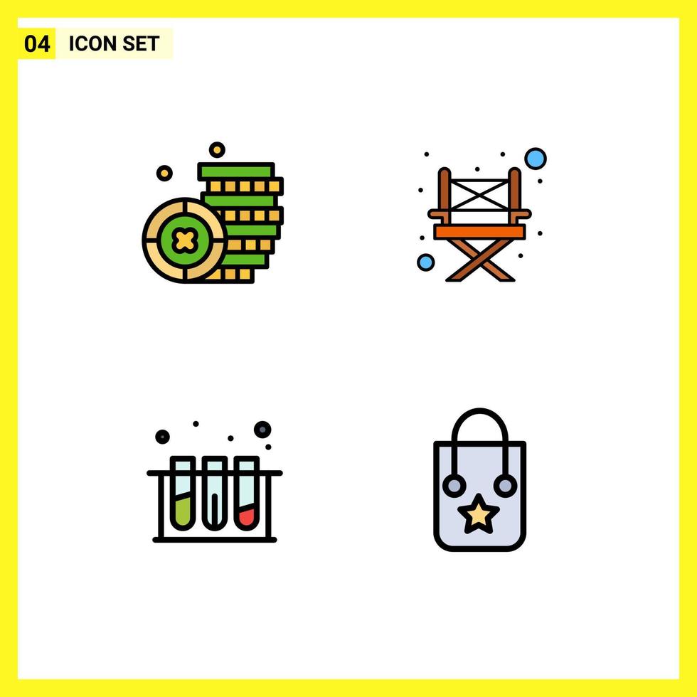 4 User Interface Filledline Flat Color Pack of modern Signs and Symbols of coin tub camp medical bag Editable Vector Design Elements