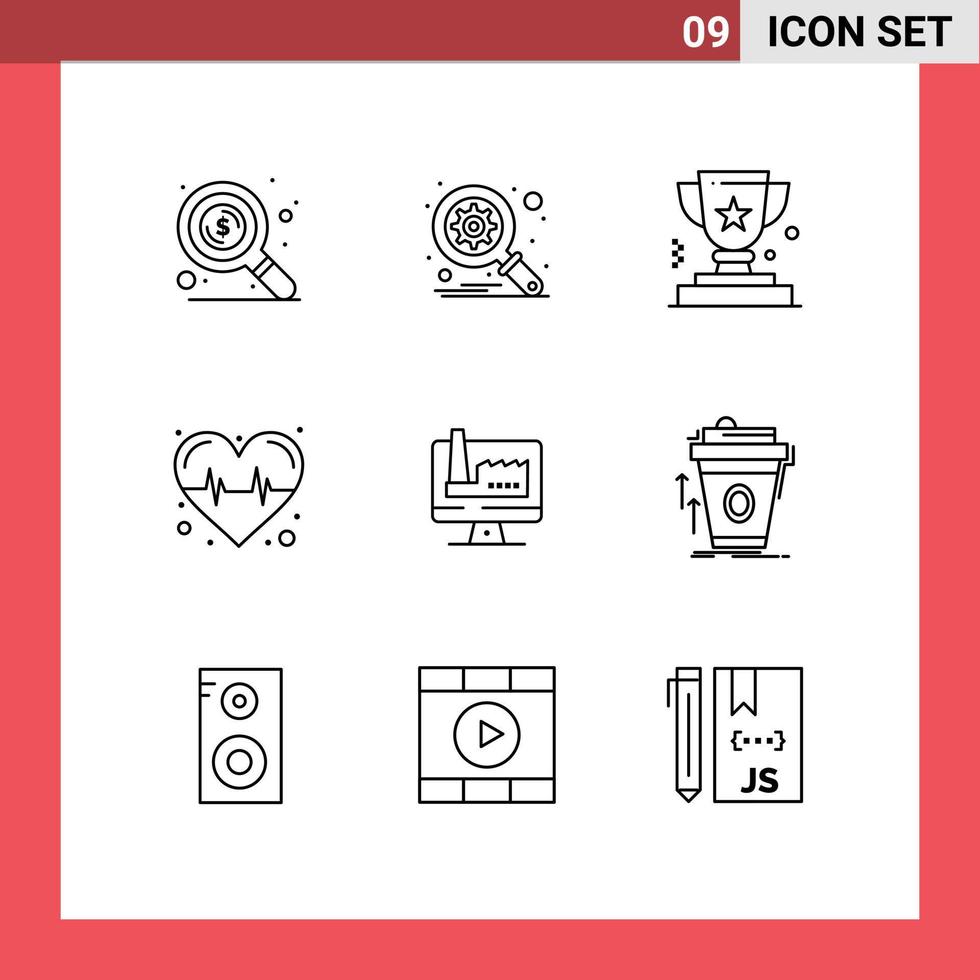 Group of 9 Outlines Signs and Symbols for factory building business computer heart Editable Vector Design Elements
