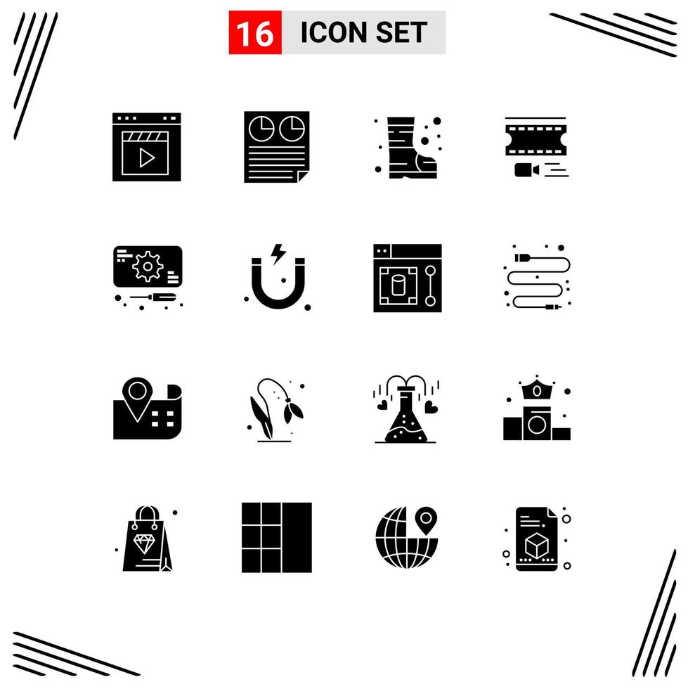 Modern Set of 16 Solid Glyphs and symbols such as development film reel pie film safety Editable Vector Design Elements