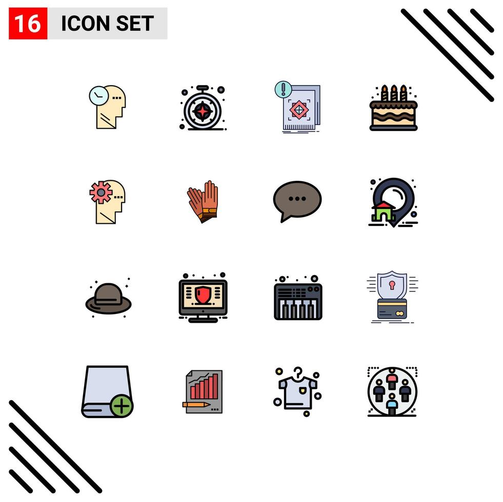 Modern Set of 16 Flat Color Filled Lines Pictograph of learning brain standard candle birthday Editable Creative Vector Design Elements