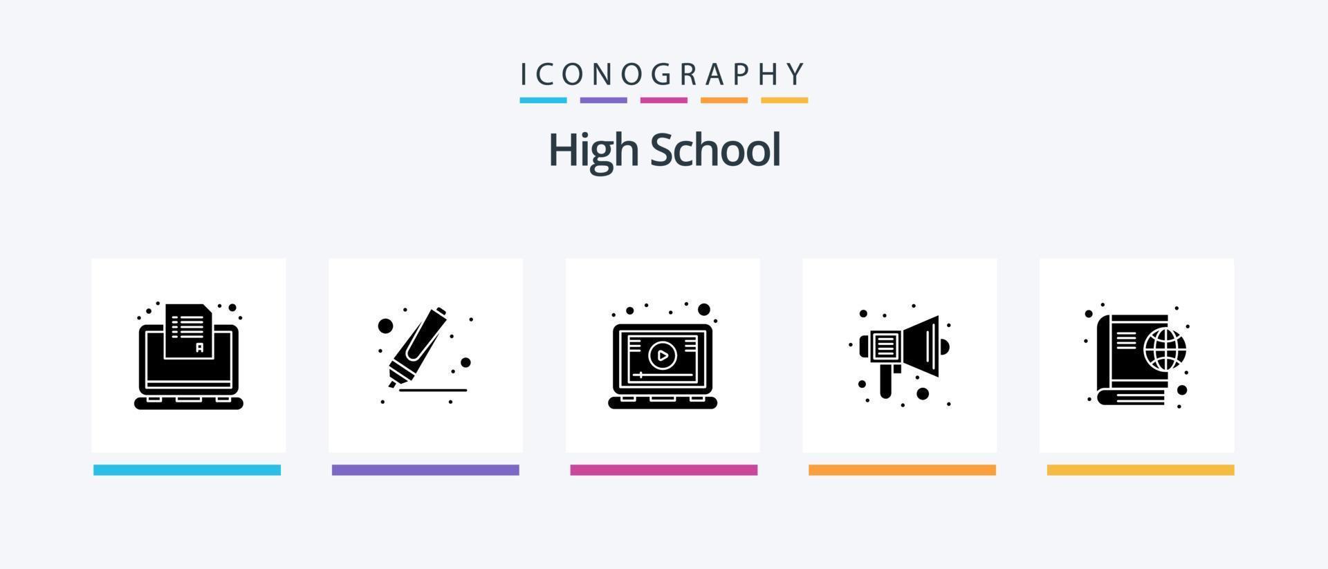 High School Glyph 5 Icon Pack Including book. sound. lesson. school. audio. Creative Icons Design vector