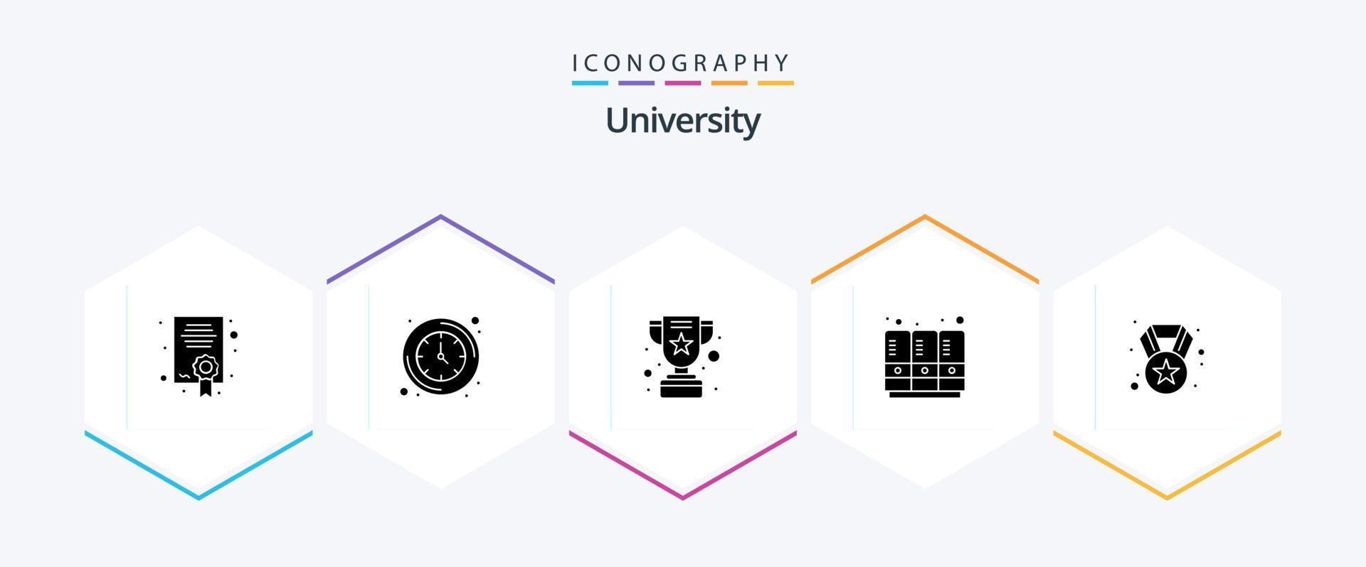 University 25 Glyph icon pack including medal. achievement. student lockers. school lockers vector