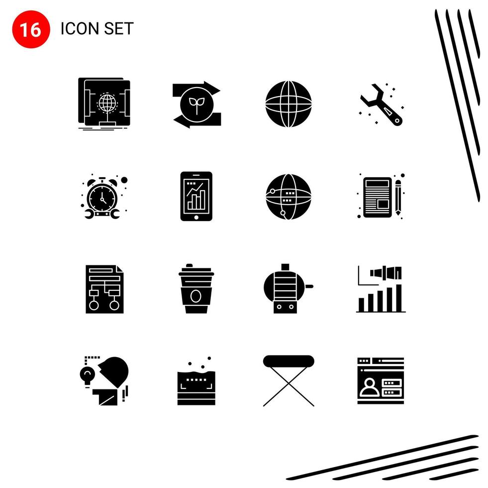 16 Universal Solid Glyph Signs Symbols of watch stop globe wrench plumbing Editable Vector Design Elements