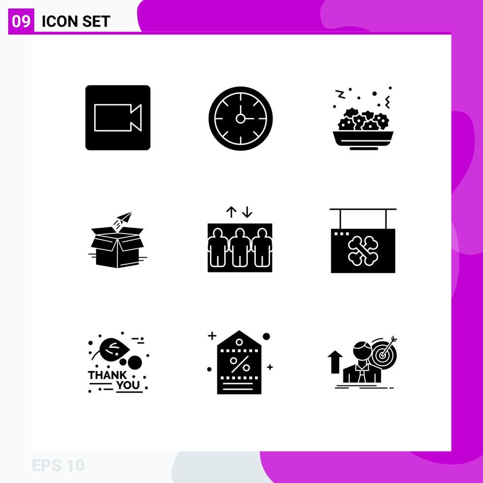 User Interface Pack of 9 Basic Solid Glyphs of elevator shipping food release package Editable Vector Design Elements