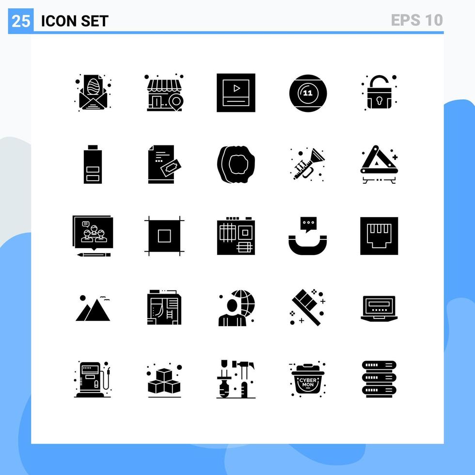 25 Universal Solid Glyph Signs Symbols of padlock sports layout pool equipment Editable Vector Design Elements