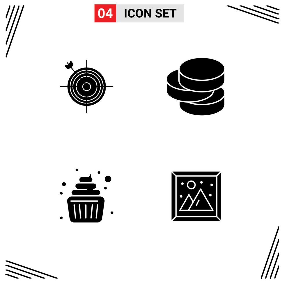 Editable Vector Line Pack of 4 Simple Solid Glyphs of focus cake arrow coins kid Editable Vector Design Elements