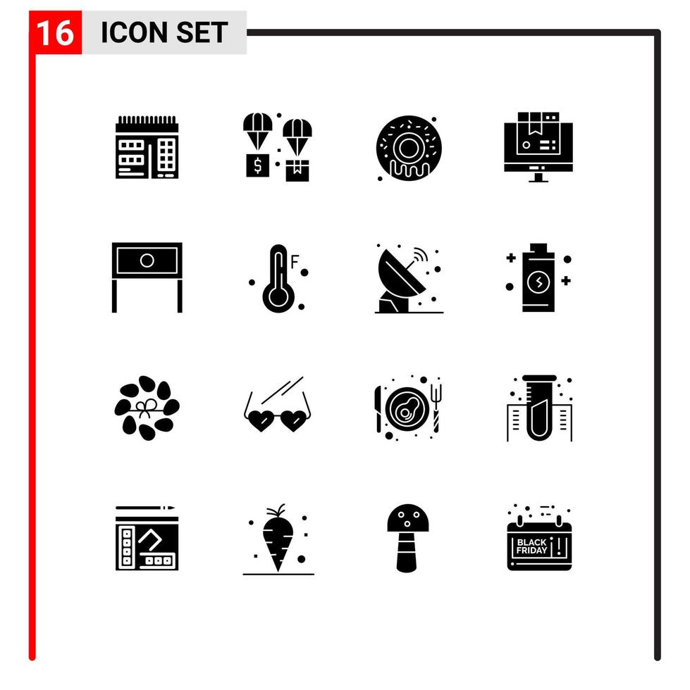 grupo de 16 signos y símbolos de glifos sólidos para elementos de diseño de vectores editables de computadora de compras de comida de San Valentín en el hogar