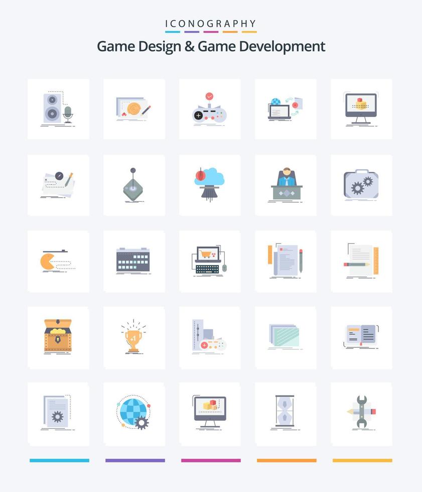 diseño de juegos creativos y desarrollo de juegos 25 paquete de iconos planos como el juego. desct. completo. juego de azar. juego vector